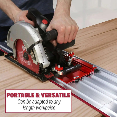 Universal Track Saw Guide For 7-1/4 Inch Circular Saws With 50 Inch Cutting Range And 2 Inch Depth Aluminum Construction Extends To Any Length With GuideRail Extensions Perfect For Pro Level Rips Milescraft 1409 in use