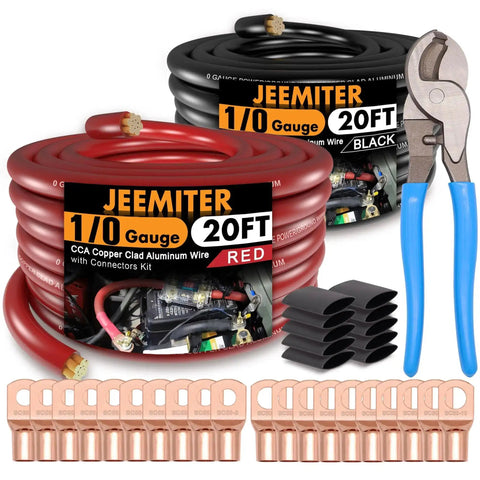 1/0 Gauge CCA Power And Ground Wire Kit 40 Ft Total 20 Ft Red 20 Ft Black With Free Wire Cutter For Car Amplifier, connectors shown