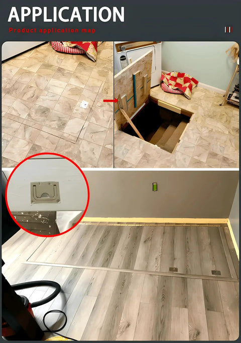 Application of 316 Stainless Steel Electrophoretic Black Hatch Ring Pull For Deck Hatch in a wooden floor setting, showing flush mount and screws.