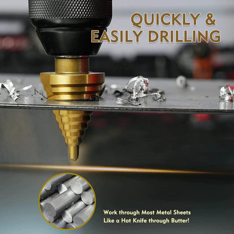 Drilling with Step Drill Bit Set 50 Sizes Titanium Coated High Speed Steel Unibit on metal sheet, close-up view, two flute design