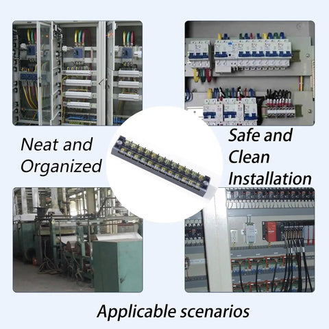 Heavy Duty Dual Row Six Position Screw Terminal Block Kit Two Sets 600V 25A With Cover shown in multiple wiring setups