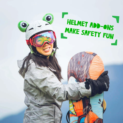Woman wearing Totally Fun Frog Helmet Accessory Set With Sticky Hook And Loop Fastener Adhesive Eyes And Ears Cover for Snowboarding Skiing Biking Cycling Skating For Kids And Adults Helmet Not Included