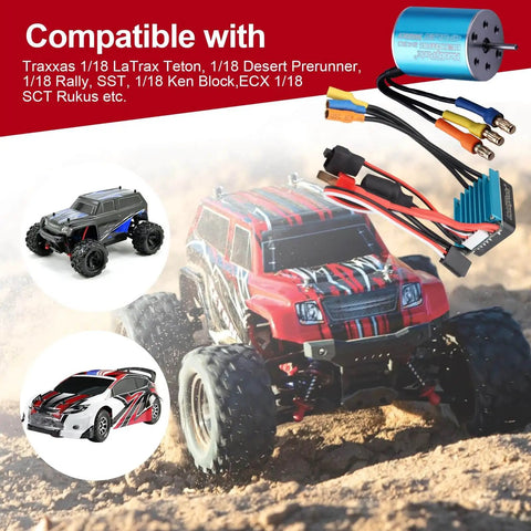 Beefed-Up 2430 7200KV Brushless Motor And 25A ESC Combo For 1/18 Scale RC Cars And Trucks shown with example models
