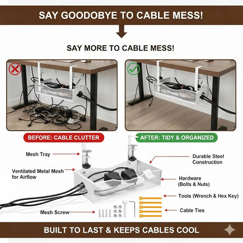 Diagram showing Extra Wide Under Desk Cable Management Tray With No Drill Install For Office And Home Desks White XL Cord Organizer.
