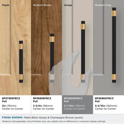 Mergence Cabinet Pull in Matte Black Champagne Bronze displayed on various wood finishes in 5-1/16 in center to center size.
