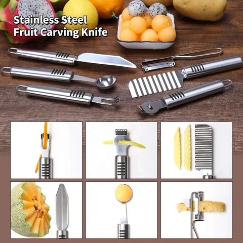 Six Piece Stainless Steel Fruit Carving Knife Set With Melon Ball Scoop V Shape Cutter Lemon Zester Garnish Peeler Crinkle Knife And Wave Knife For Fruit Platters And Vegetable Salads displayed on a table.