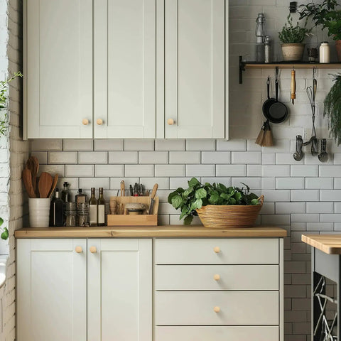 Bright kitchen with white cabinets featuring Champagne Bronze Cabinet Knobs Set Of 5 Zinc Round Hardware For Kitchen Bathroom Closet And Dresser Modern European Design 1-1/4 Inch Diameter 3/4 Inch Base 7/8 Inch Height Smooth Finish.