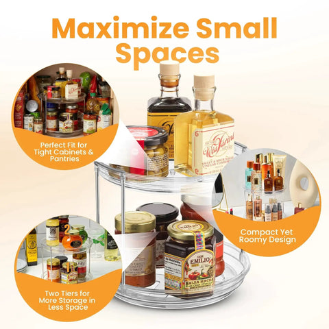 Two Tier Clear Lazy Susan Organizer with Smooth Silent Spin Turntable for Spices and Pantry Storage from Oizeir, filled with bottles and jars.