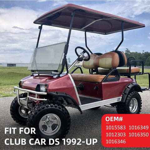 Angled front view of red Club Car DS golf cart with tan seats, black canopy frame and off-road tires.