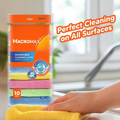 Person using Ultra Absorbent Microfiber Cleaning Cloths Pack of 10 for Glass Counters with colorful cloths in packaging