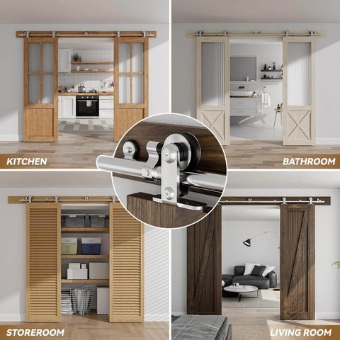 Stainless Steel Sliding Door Hardware Kit For Top Mount Wooden Doors, J Style, 6 Ft Rail System, Ideal For Double Doors