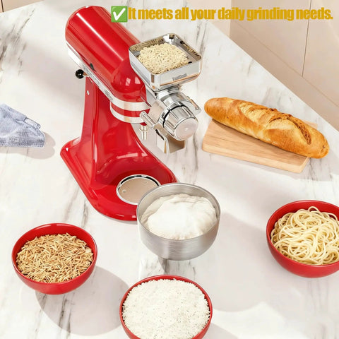 Metal Grain Mill Attachment With 12 Level Grind Adjustment For KitchenAid Stand Mixer grinding grains into bowl on kitchen counter