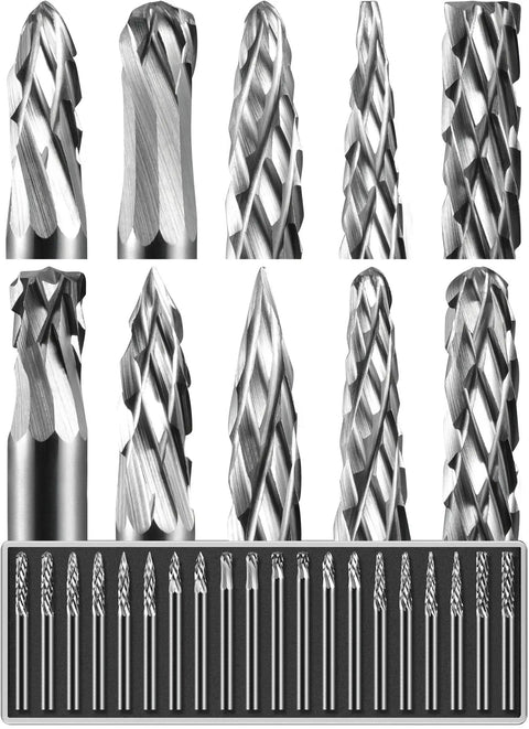 Twenty Piece Carbide Burr Set With One Eighth Inch Shank For Dremel Rotary Tools, Includes Portable Clamshell Case, Perfect For Metal Wood Stone And Steel