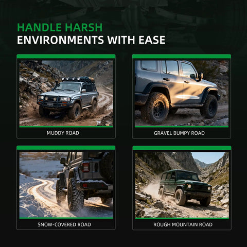 Four vehicles driving on muddy, gravel, snow-covered, and mountain roads demonstrating all-terrain capability.