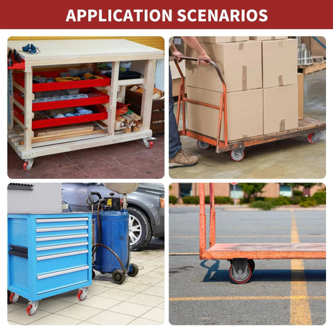 3 Inch Heavy Duty Swivel Casters With Brakes Polyurethane On Steel Wheels set on carts, workbenches, and toolboxes