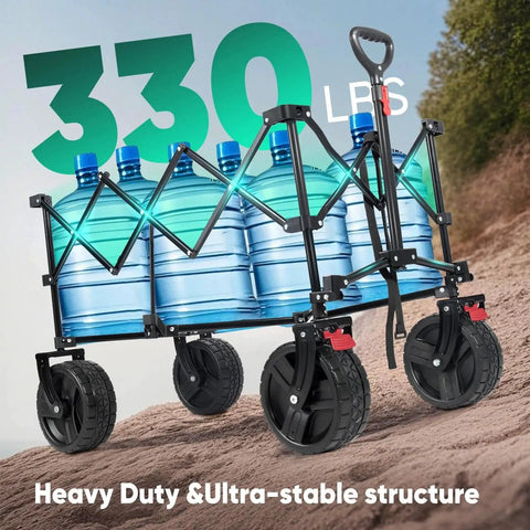 Extra Large Foldable Wagon With All Terrain Beach Wheels Heavy Duty Collapsible Cart for Camping Gardening and Sports, Blue and Gray, 330 lb Capacity