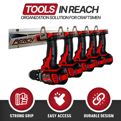 Universal M18 18V Tool Organizer Rack For Five Cordless Tools holding five drills mounted on wall