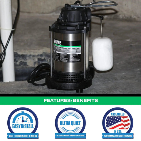 Three Quarter HP Submersible Sump Pump With Float Switch Cast Iron 5490 GPH, stainless steel body, in basement setting