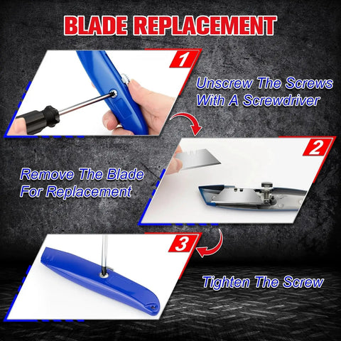 Blade replacement steps for Heavy Duty Box Cutter Set Jetmore Retractable Utility Knife With 10 Extra Blades All Metal Aluminum Alloy Body SK5 Steel Blade For Cardboard Boxes Cartons Drywall And Package Opening.