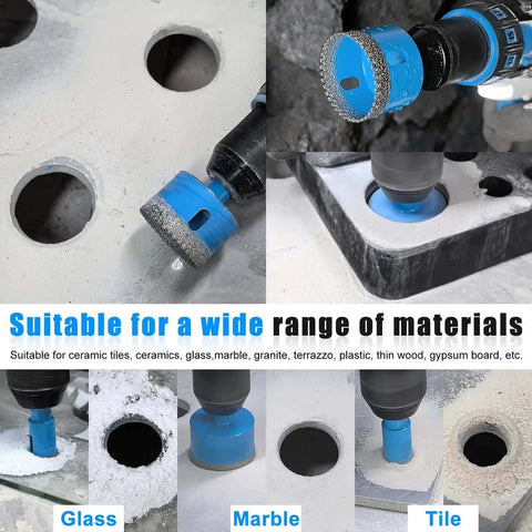 Diamond Hole Saw Drill Bit Kit 11 Piece Set Serrated Brazed Core Bits drilling through ceramic, glass, marble, and tile surfaces.