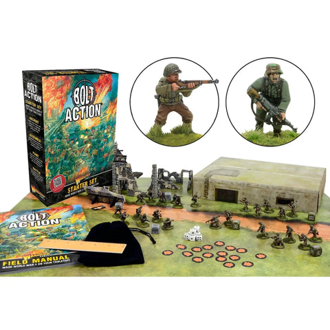 World War II 28mm Tabletop Battle Game Starter Set With 12 German Grenadiers And 12 US Rangers Miniatures Includes 68 Page Field Manual Plastic Ruins Ready To Roll For Two Or More Players box with miniatures and terrain