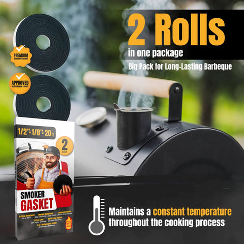 Smoker gasket two-roll pack, black hi-temp BBQ seal tape for grill lid, 10 ft per roll (20 ft total)