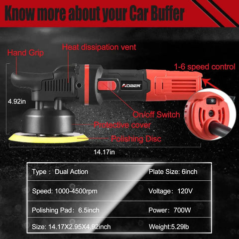 6 Inch Dual Action Car Buffer Polisher With Detachable Handle Pro Grade Random Orbital Polisher Kit 6 Speed 1000 4500 RPM Includes 4 Buffing Pads For Car Detailing Polishing And Waxing Swirl Free Finish 700W with features labeled