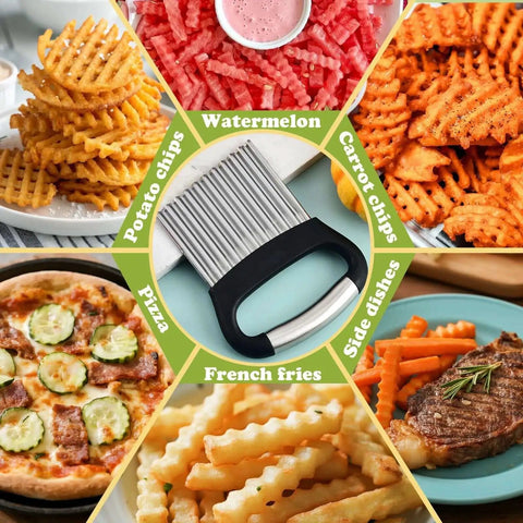 Large Potato Crinkle Cutter FATUXZ Stainless Steel Waffle Fry Slicer with ergonomic grip displayed with assorted wavy cut foods.