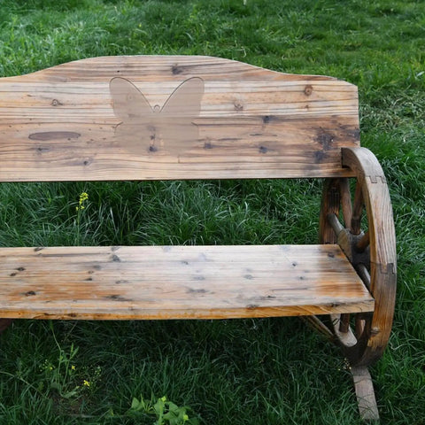 Wooden bench with butterfly inlay design, created using an Acrylic Butterfly Router Template For Woodworking, 5mm thick inlay template.
