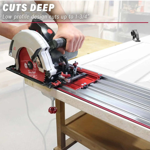 Universal Track Saw Guide For 7-1/4 Inch Circular Saws With 50 Inch Cutting Range And 2 Inch Depth Aluminum Construction Extends To Any Length With GuideRail Extensions Perfect For Pro Level Rips Milescraft 1409 in use cutting wood on a workbench.
