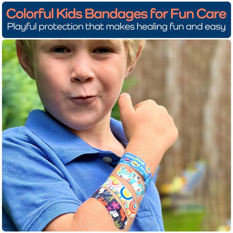 Child with colorful bandages from Compact Travel First Aid Kit For Kids With Sixty-Piece Set And Latex-Free Bandages, outdoor setting
