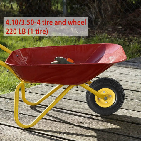 Red wheelbarrow with a 4.10/3.50-4 tire and yellow frame shown on wooden decking
