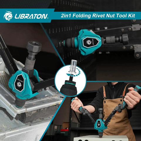 Two In One Rivet Nut Tool And Rivet Gun Kit Folding Heavy Duty Hand Tool with 11 Mandrels and 5 Nose Pieces in use