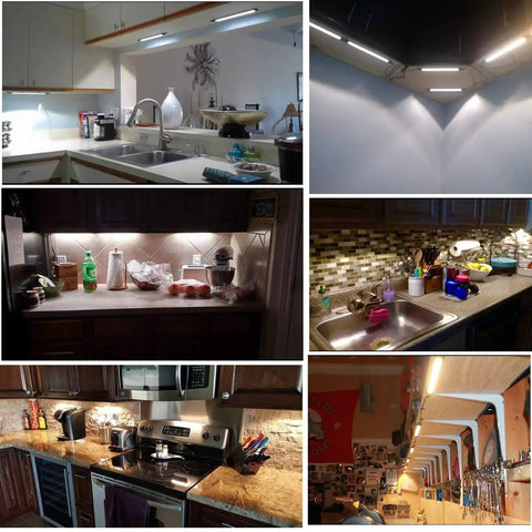 Installed Under Cabinet LED Light Bar Kit 12V Plug In Dimmable With Switch 6 Panel Daylight White Bar Lights in various kitchen setups
