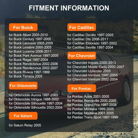 Fitment information chart for Buick, Cadillac, Chevrolet, Oldsmobile, Pontiac, and Saturn vehicles