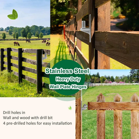 2 Pack Stainless Steel Wall Mount Gate Hinges With 5/8 Inch Pins installed on wooden fence in outdoor setting