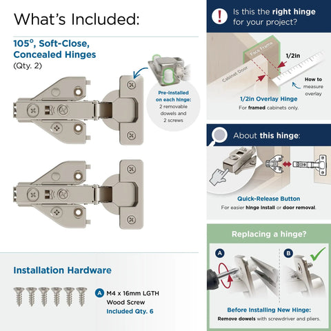 Premium Face Frame Cabinet Hinges With Soft Close For Kitchens And Baths One Half Inch Overlay Euro Concealed 105 Degree Opening Three Way Adjustment Two Pack With Dowels And Mounting Hardware Amerock