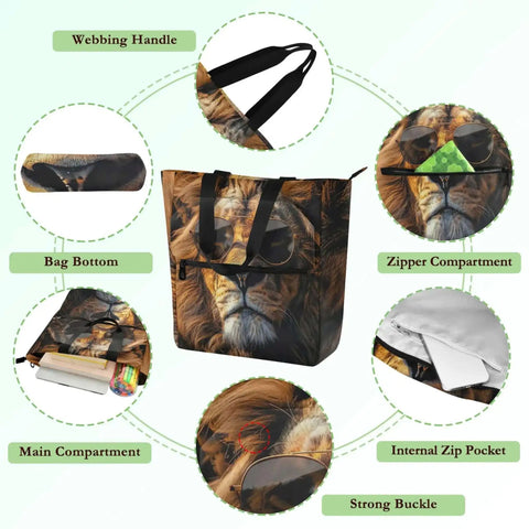 Cool Lion Canvas Tote Bag For Women And Gals with compartments, water-resistant, lightweight, featuring main and zip pockets.