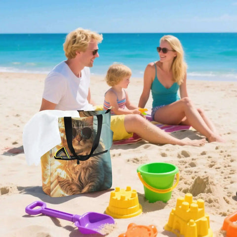 Dope Cat Sunglasses Print Tote Bag For Women And Kids Zipper Shoulder Bag Perfect For School Work Or Everyday Use Spacious Main Compartment Water Resistant Made From 100 Percent Polyester on beach with family