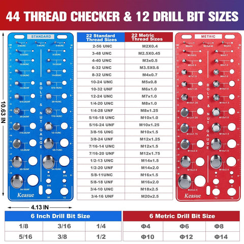 Thread Checker Kit For Nuts And Bolts 56 Piece Gauge With 44 Thread Sizes In Both Male And Female Standard And Metric Includes 12 Drill Bit Holes And Inch Centimeter Rulers For Quick Size Identification And Easy Nut Bolt Fitting with 44 Thread Checker and 12 Drill Bit Sizes visible.