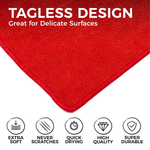 Close-up of red microfiber towel showcasing tagless design with icons for softness, scratch resistance, quick drying, quality, durability.