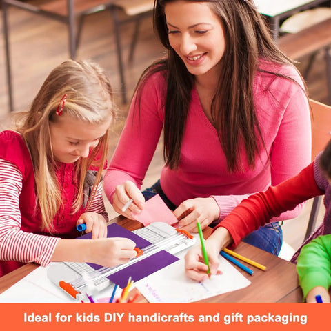 Children and woman using 27 Piece Craft Weeding Tools Kit For Vinyl With Utility Knife Set And 12 Inch Paper Cutter Trimmer for crafts
