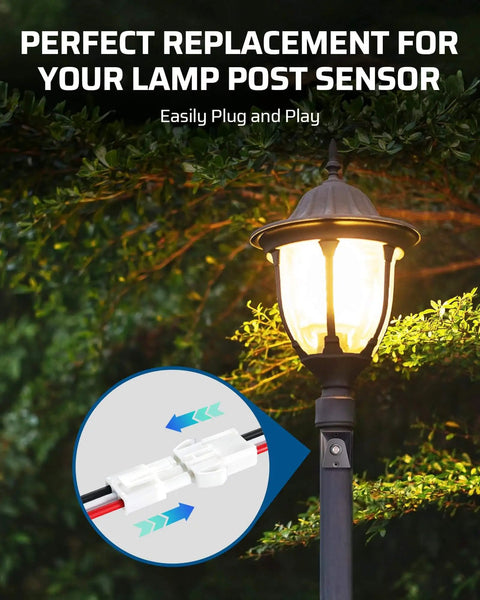 Outdoor post light with dusk to dawn sensor switch for auto on off photoelectric control, installed on pole, at night