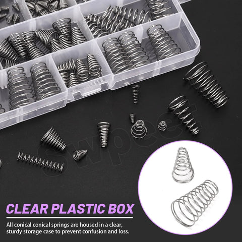 Conical stainless steel spring assortment kit in clear plastic storage box; 10 sizes