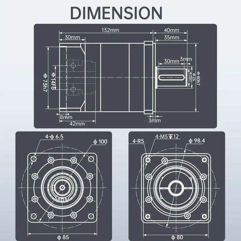 Technical drawing of Nema34 Stepper Motor Planetary Gearbox with 8 Arcmin Backlash, 20 To 1 Gear Ratio dimensions and specifications.