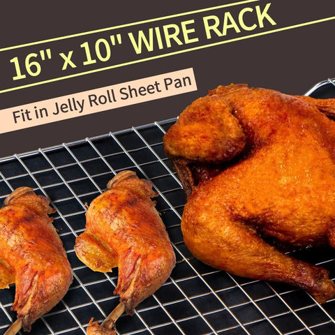 Two Pack Stainless Steel Cooling Rack For Baking 16x10 Inches with roasted chicken, oven safe, half sheet pan, silver