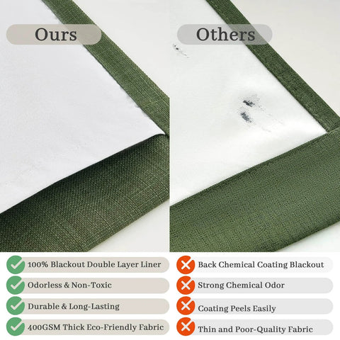 Comparison of dual layer linen blackout curtains with 100% blackout liner vs. competitors with poor-quality coating.