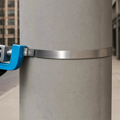 Center Punch Clamp For Industrial Maintenance And Quick Field Repairs, 5/8 Inch Wide, 0.025 Inch Thick, installed on pipe.
