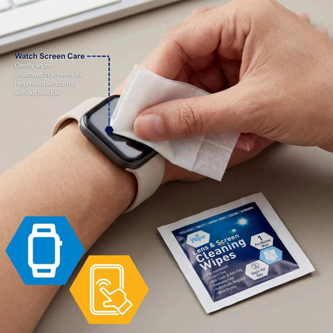Using Anti Fog Lens And Screen Cleaning Wipes For Eyeglasses And Devices Premoistened on smartwatch screen