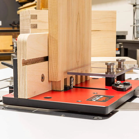Pro Grade Box Joint Jig For Router Tables With Aluminum Indexing Keys And Smooth Bearing Glide System Includes One Quarter Inch, Three Eighths Inch, And One Half Inch Keys And Baltic Birch Fences For Precise Drawer And Box Joints on a router table